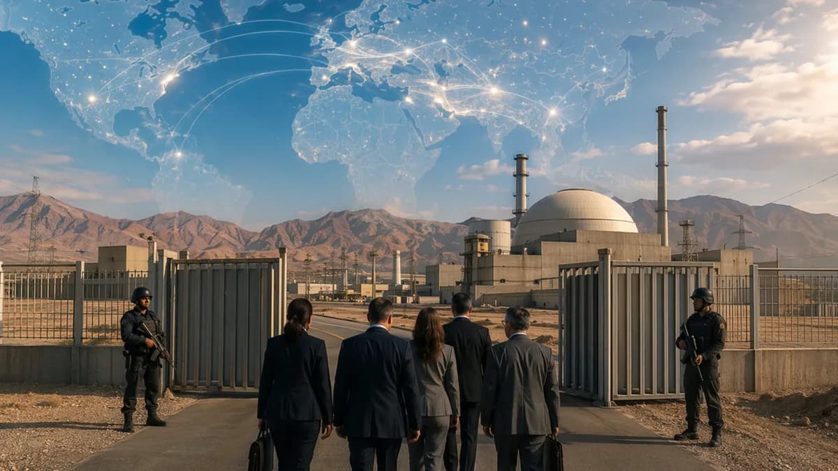 Inspectors approach a guarded nuclear facility with global map connections over a tense geopolitical scene.