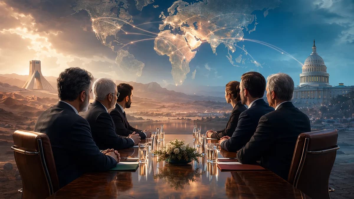 Diplomatic table with world map links, Capitol silhouette, and Middle East focus symbolizing Iran peace talks.