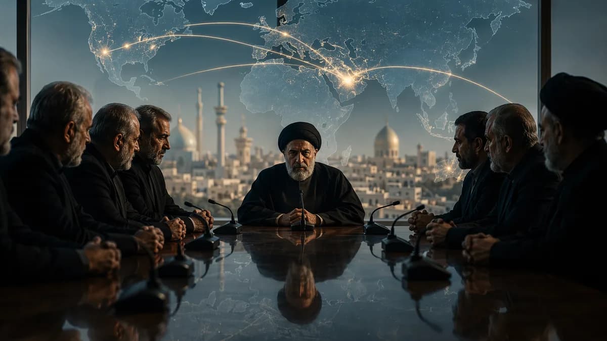 Iranian hardliners debate a peace deal amid a global map and tense geopolitical atmosphere.