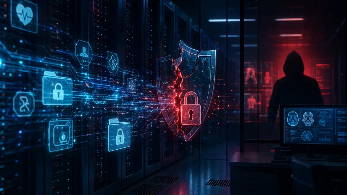 Hospital data breach scene with hacker silhouette, broken shield, locks, and glowing medical data streams.
