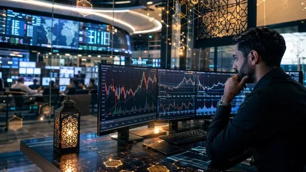 Trader reviews abstract forex market data highlighting hidden costs in Islamic swap-free accounts.