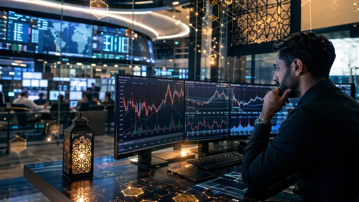 Trader reviews abstract forex market data highlighting hidden costs in Islamic swap-free accounts.