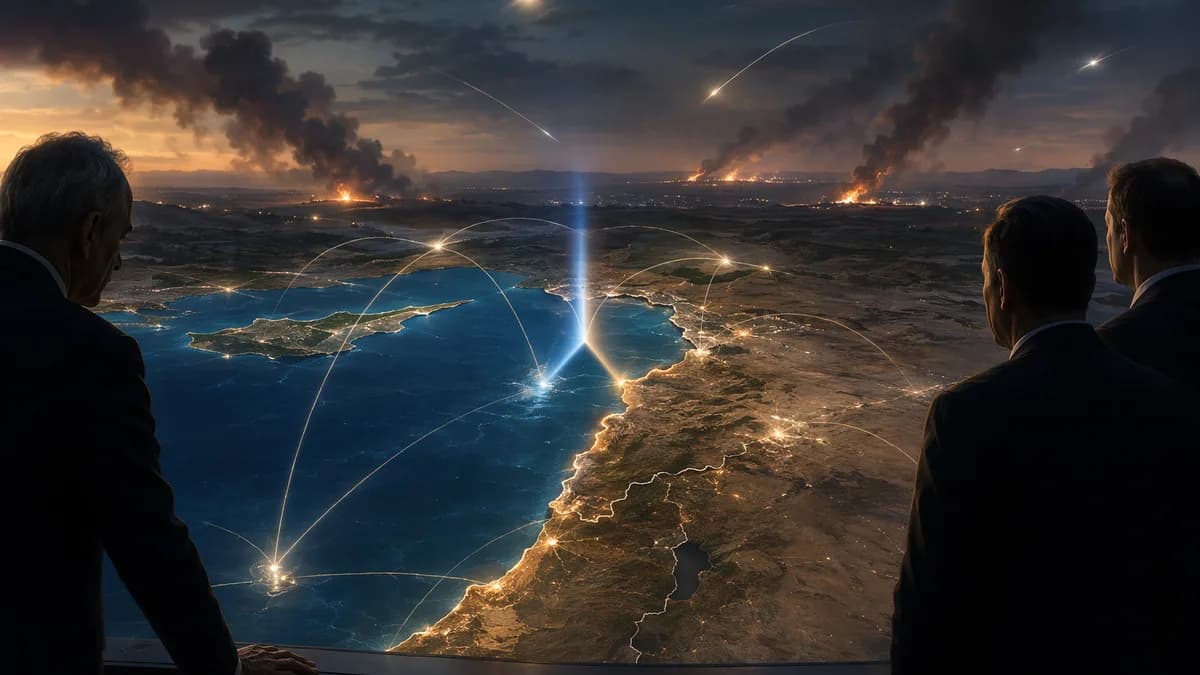 Ceasefire tension over Lebanon-Israel border shown on a glowing global map with smoke and connection lines