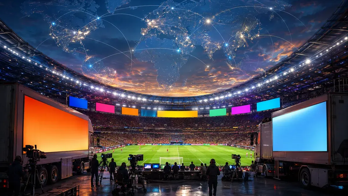 Football stadium with broadcast cameras and global map connections symbolizing World Cup advertising.