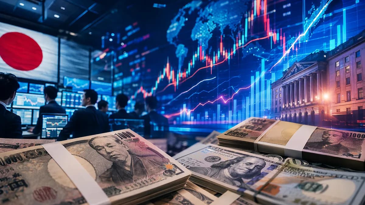 Yen banknotes on a trading floor with rising market charts and cinematic financial data visuals.