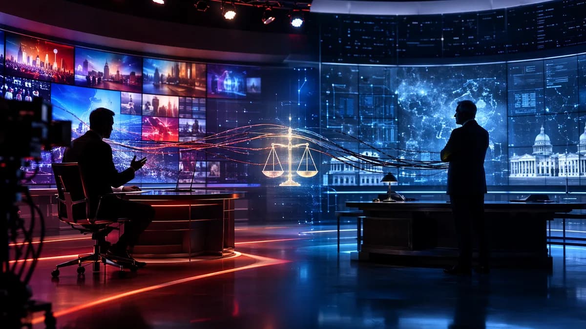 Generic TV host and regulator silhouettes divided by glowing legal scales in a futuristic tech studio.