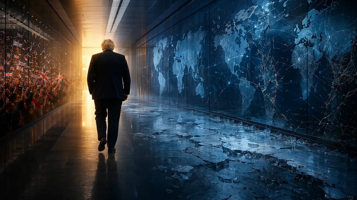 British leader silhouette in icy corridor with world map projections, symbolizing power turning into paralysis.