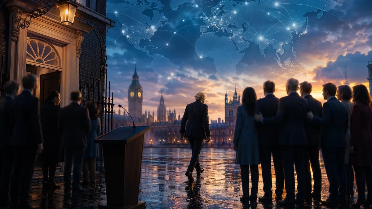 Symbolic UK leadership transition at Downing Street with global map connections.