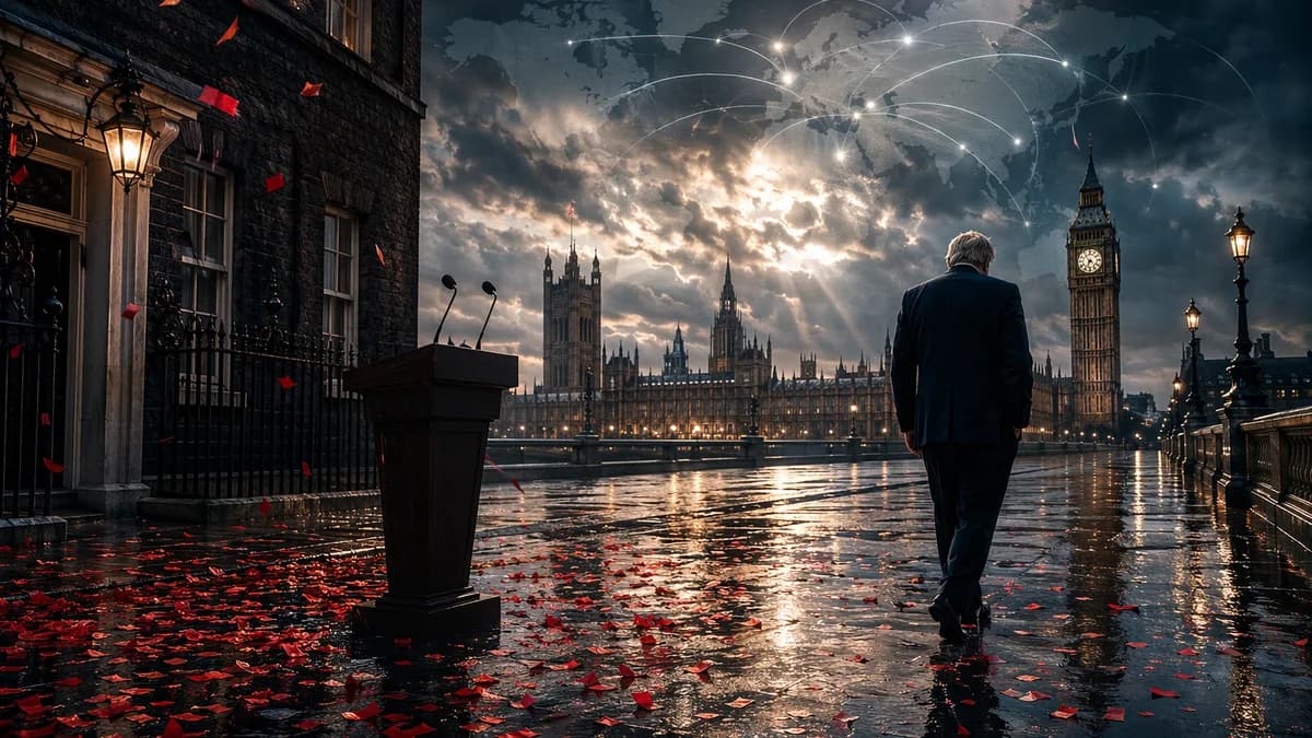 Somber UK political figure walking from a podium under a world map and global connection lines.