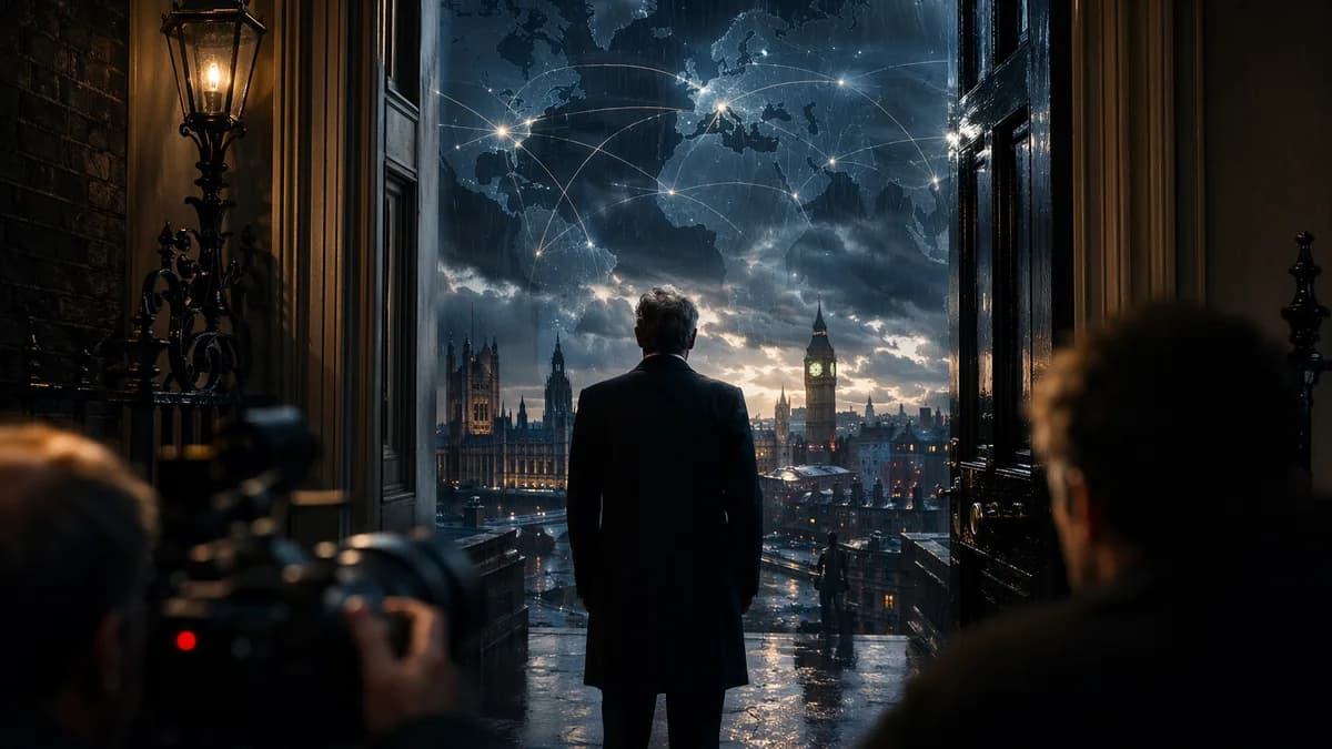 UK political crisis scene with leader silhouette, London skyline, world map, and global connection lines