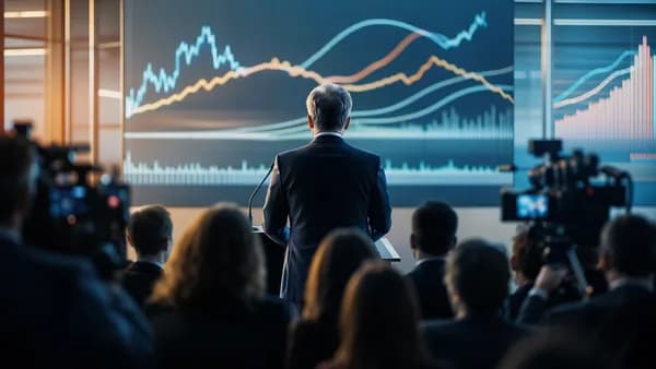 Central banker debut press conference with market charts and trading floor tension