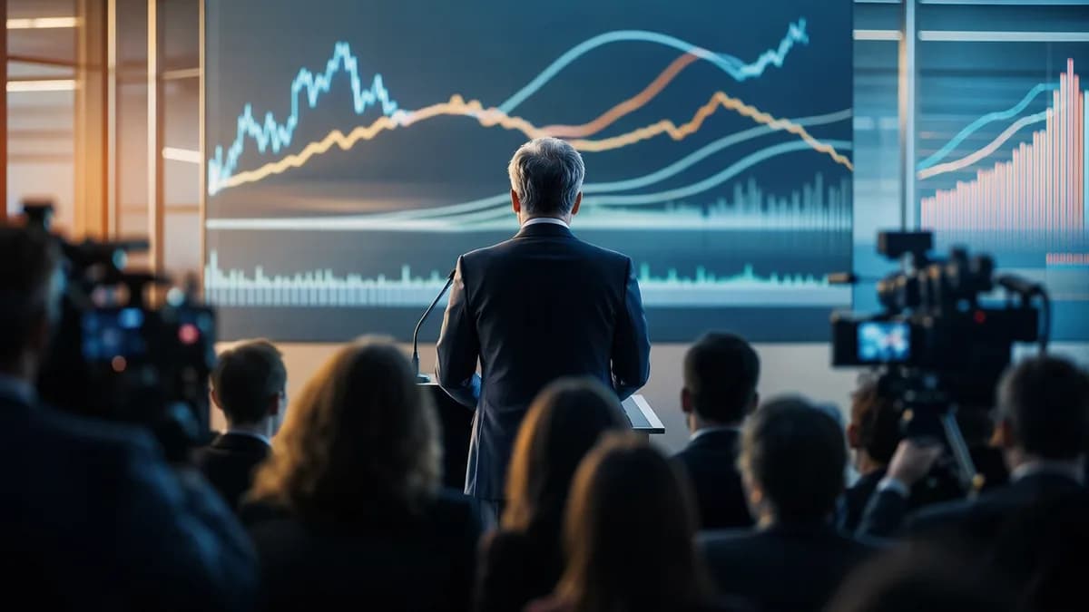 Central banker debut press conference with market charts and trading floor tension