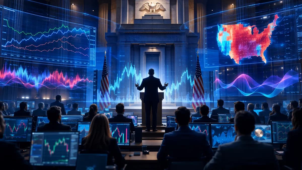 Central bank speaker and traders amid market charts, symbolizing Fed communication shaping rate expectations.