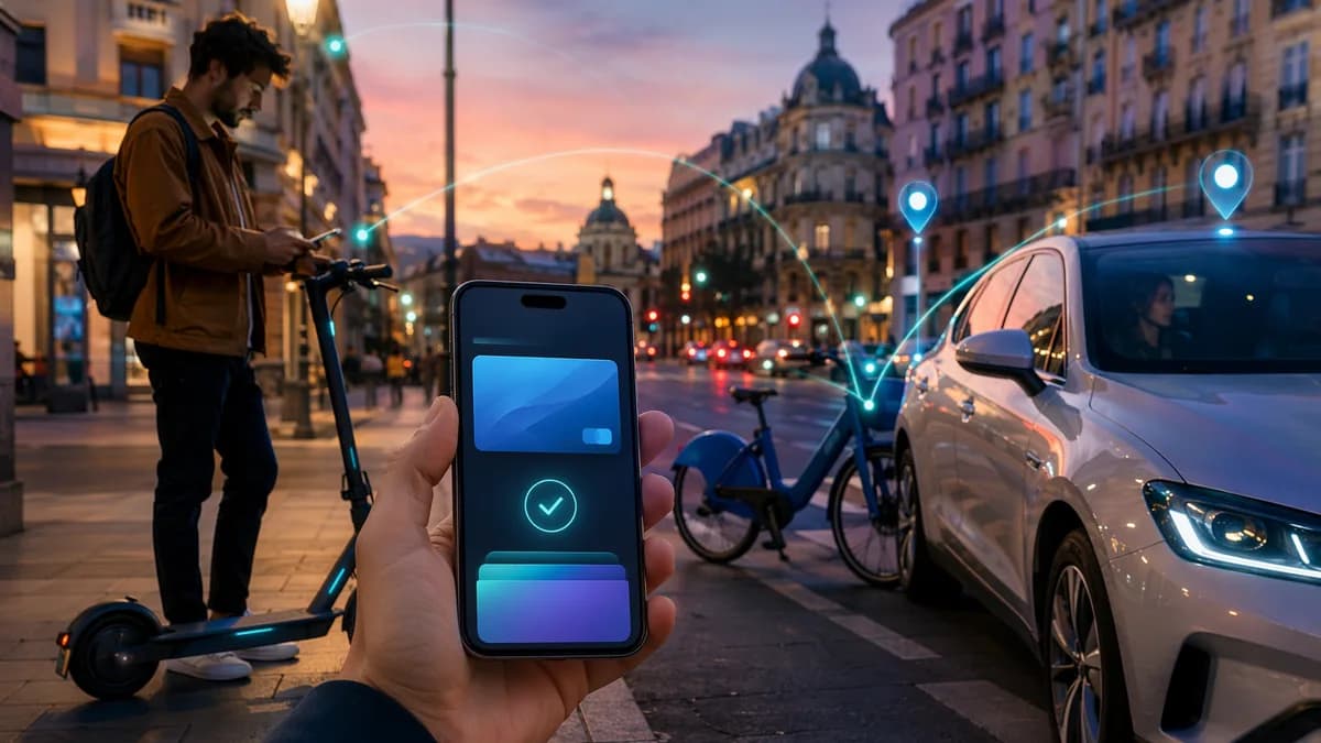 Urban mobility payment scene with smartphone, e-scooter and rideshare car in a European city.