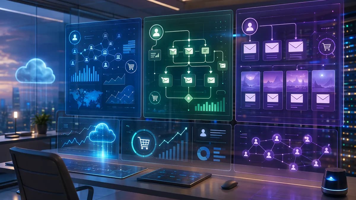 Ecommerce marketing dashboards comparing data analytics, omnichannel flows, and simple campaign tools.