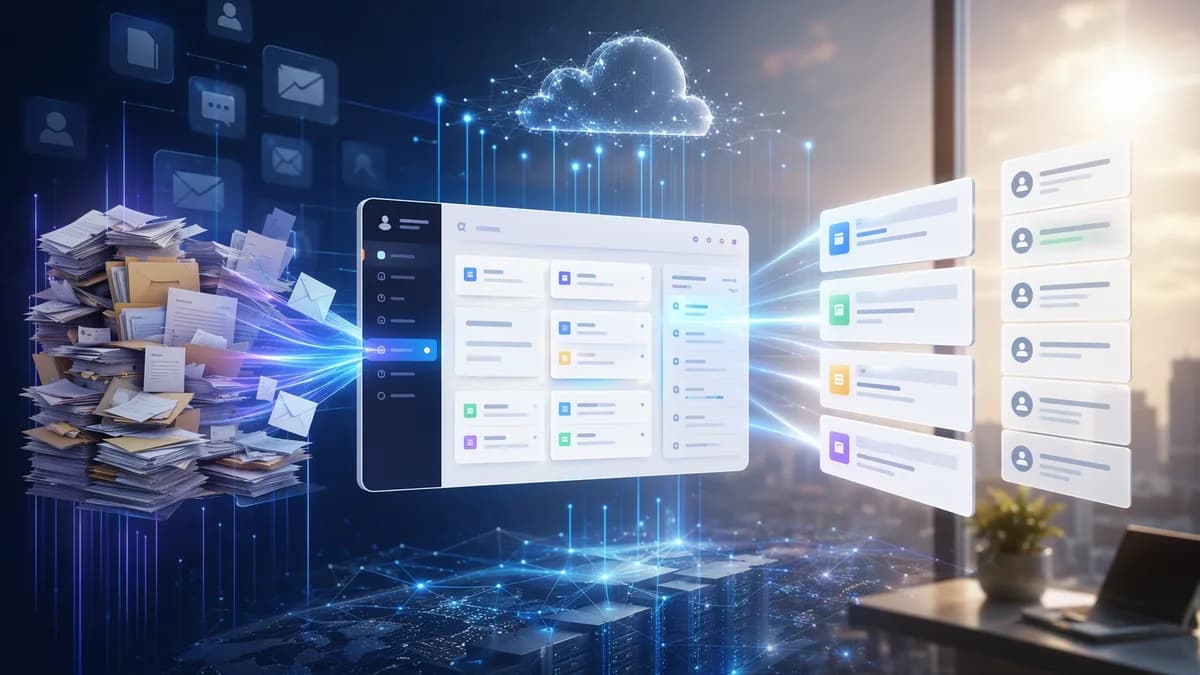 AI search organizing knowledge base data inside a modern SaaS dashboard and cloud infrastructure.