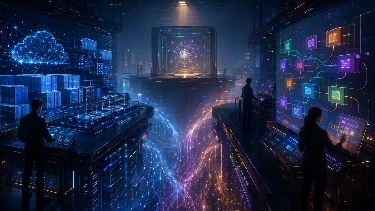 Futuristic AI model-serving workspace split between cloud orchestration and Python workflow systems.