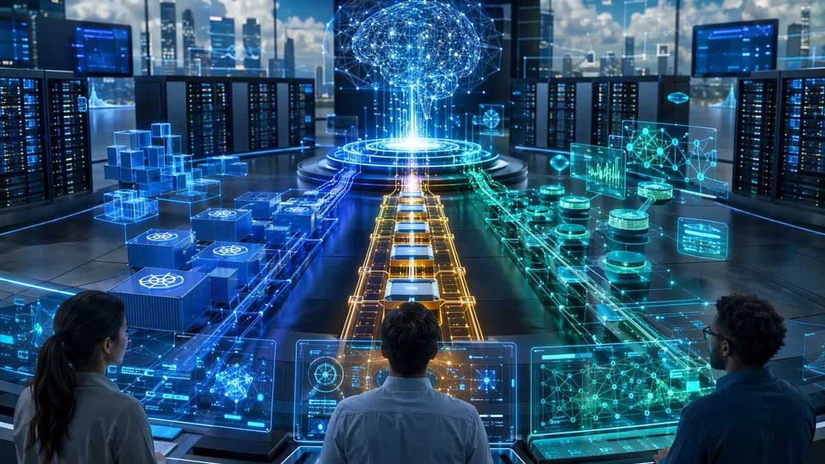 Futuristic MLOps hub showing three AI deployment paths converging into a central model core.