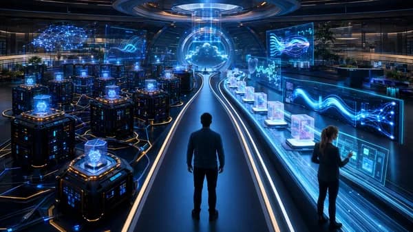 Futuristic MLOps hub showing complex cluster orchestration versus streamlined AI pipeline workflow.
