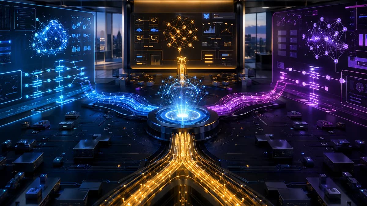 Futuristic MLOps hub with glowing AI pipelines and infrastructure screens in a sleek tech workspace