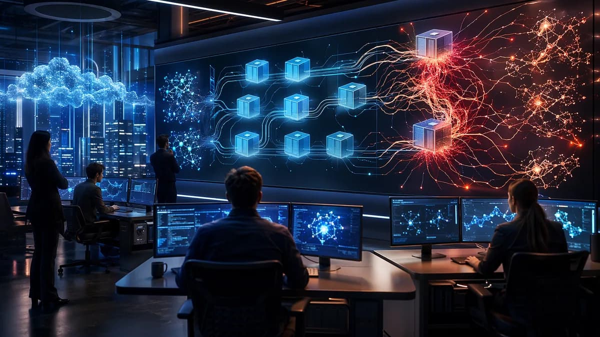 Futuristic MLOps hub showing AI model serving pipelines and hidden infrastructure complexity.