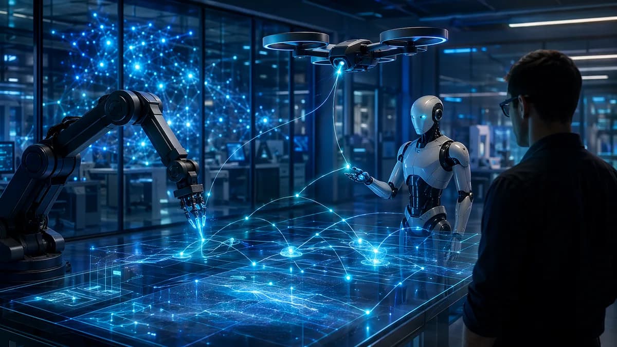 Futuristic robotics lab showing drones and robots synchronized by glowing AI control streams.