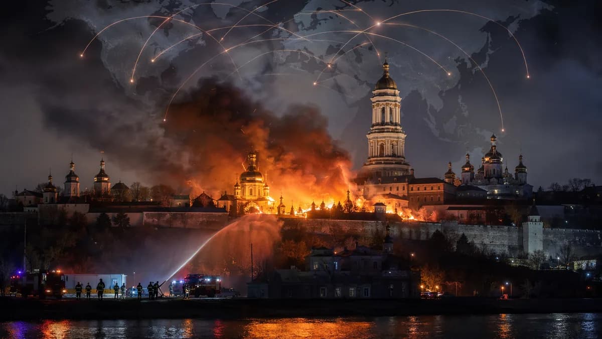 Kyiv monastery ablaze at night with smoke, emergency response, and subtle global map connections.