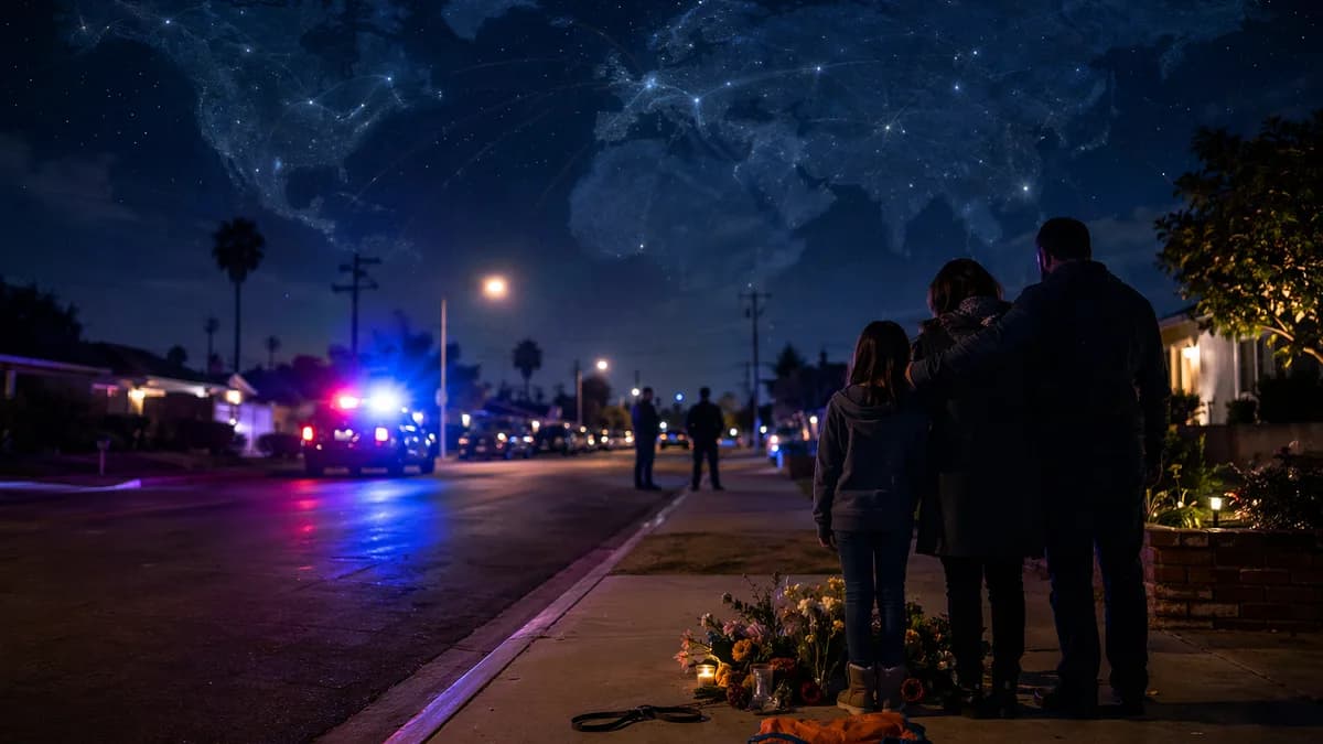 Somber LA street scene with police lights, family memorial for a pet dog, and global map overlay.