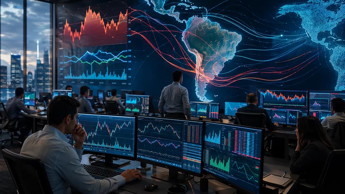 Trading floor with LatAm market visuals and FX flow lines, suggesting resilient carry amid Fed repricing.