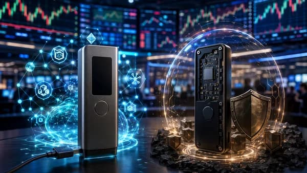 Two hardware wallets on a trading desk, contrasting DeFi convenience with privacy-focused security.