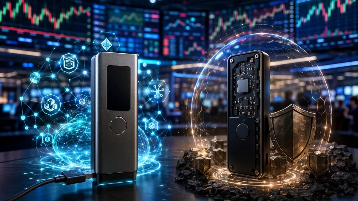 Two hardware wallets on a trading desk, contrasting DeFi convenience with privacy-focused security.