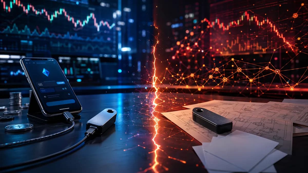 Two generic crypto hardware wallets on a DeFi trading desk with a glowing signing risk gap.