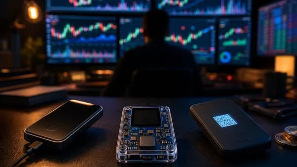 Unbranded crypto hardware wallets on a trader desk with abstract market charts and cinematic lighting