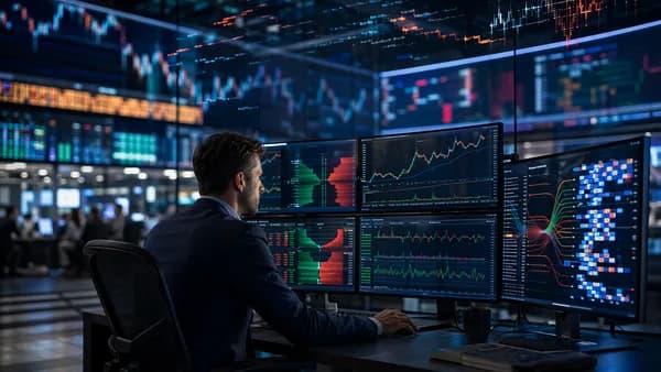 Trader analyzing market depth data gaps on a modern trading floor with crypto and stock visualizations.