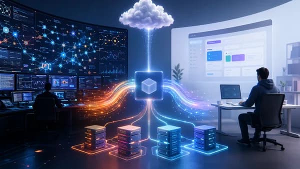 Split cloud hosting scene showing complex and simple VPS infrastructure for small app deployment