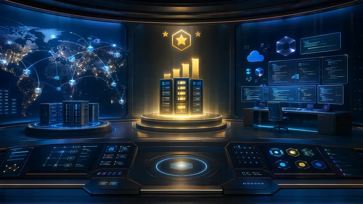 Editorial image of VPS hosting options with servers, cloud network, and SaaS dashboard visuals
