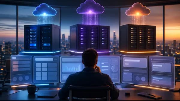 Three abstract VPS cloud platforms compared across servers and blank SaaS dashboards.