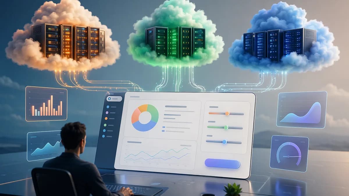 Three cloud hosting clusters connected to a small app dashboard, symbolizing pricing and scaling choices.