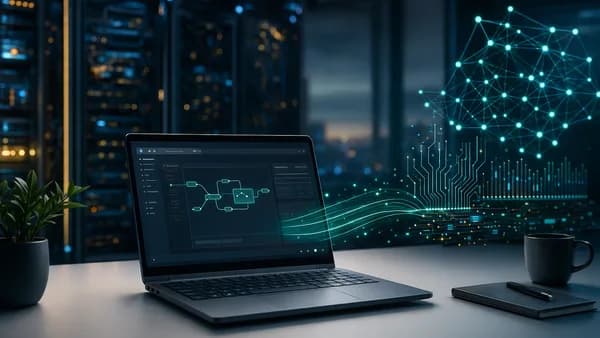 Compact laptop in a futuristic workspace showing lightweight Python coding with abstract glowing interface panels.