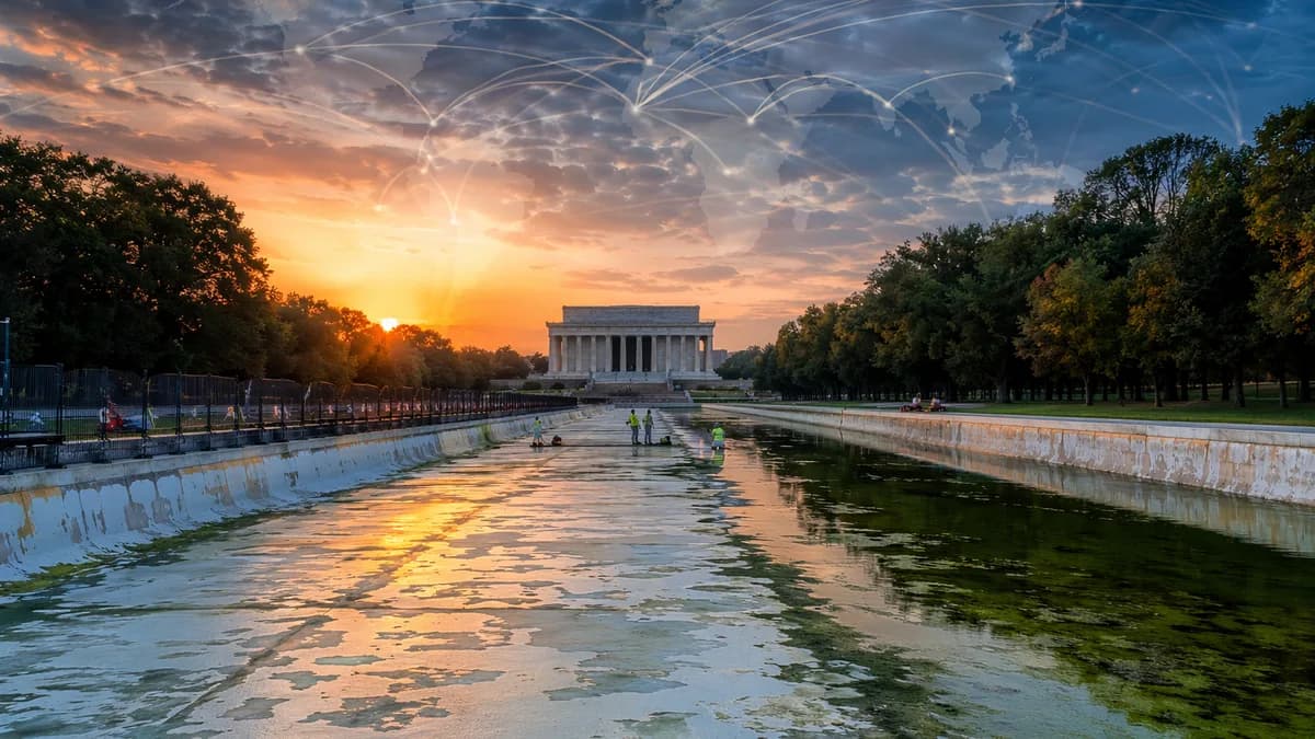 Partially drained reflecting pool near Lincoln Memorial with repair crews and global map overlay