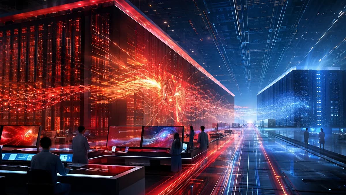 Futuristic supercomputer hall with glowing AI networks and servers, symbolizing a new world speed leader.