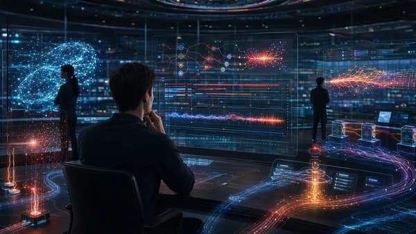 Futuristic AI observability hub showing neural traces, anomalies, latency, and cost data streams.
