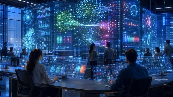 Futuristic AI observability center showing neural traces, dashboards, and cost-control data streams.