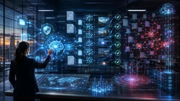 Futuristic enterprise AI search hub with neural networks, data pipelines, shields, and fragmented retrieval paths.