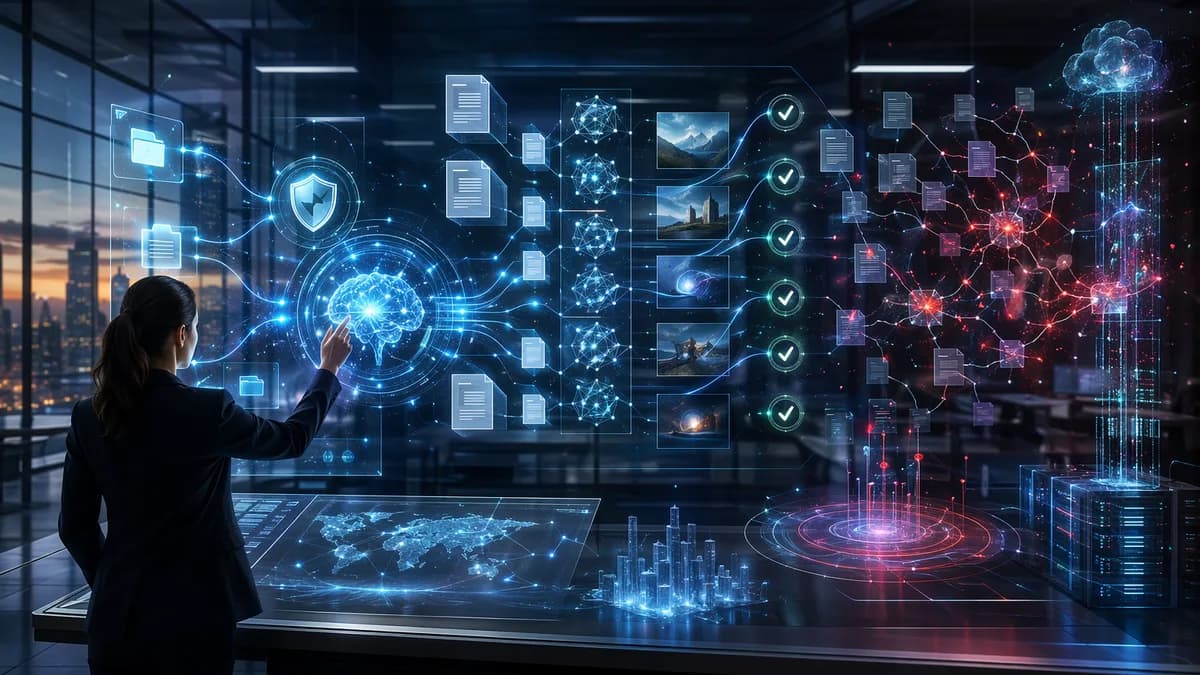 Futuristic enterprise AI search hub with neural networks, data pipelines, shields, and fragmented retrieval paths.
