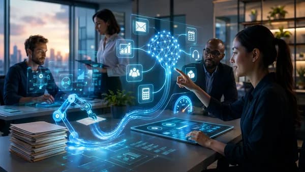 Small business team using AI workflow automation in a futuristic office with holographic dashboards.