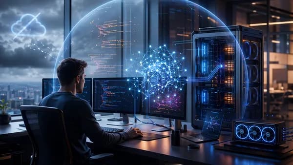 Secure local AI coding workstation with neural network visuals and on-prem hardware in a futuristic tech hub.