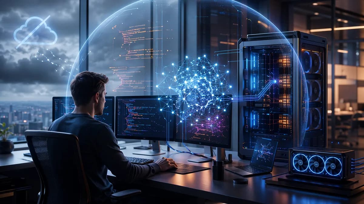 Secure local AI coding workstation with neural network visuals and on-prem hardware in a futuristic tech hub.
