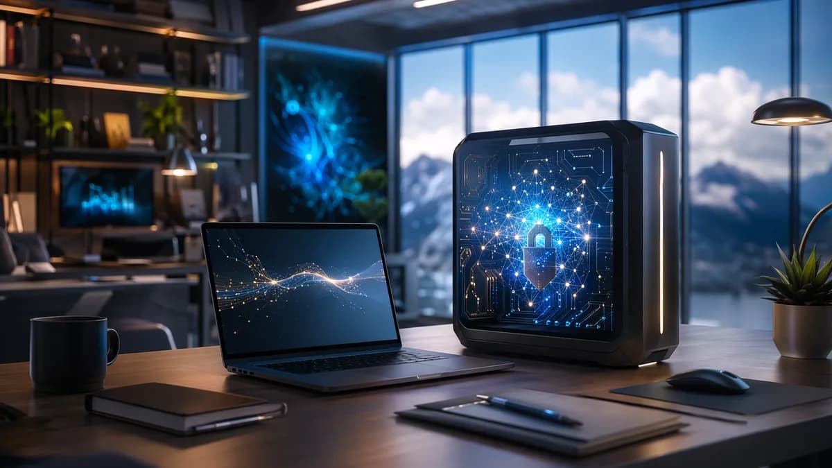 Private local AI writing workspace with laptop, neural circuits, and offline cloud concept.