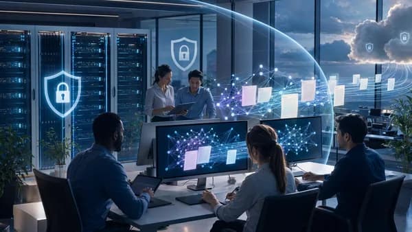 Team using secure local AI writing tools in a futuristic workspace with private servers and protected data flows.